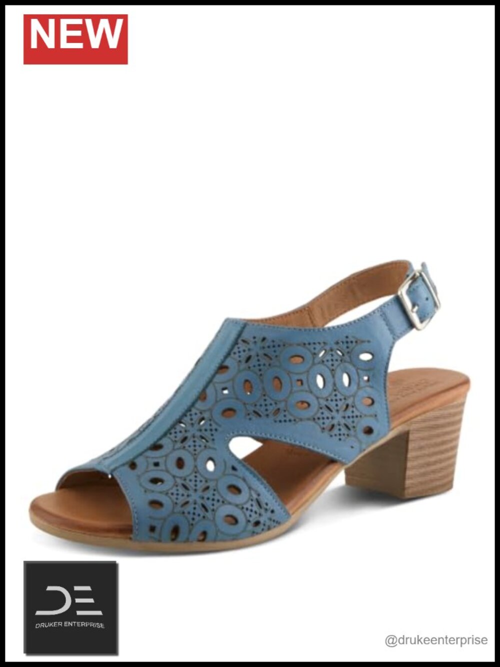 Women's Leather Heeled Sandals with Perforated Design and Buckle
